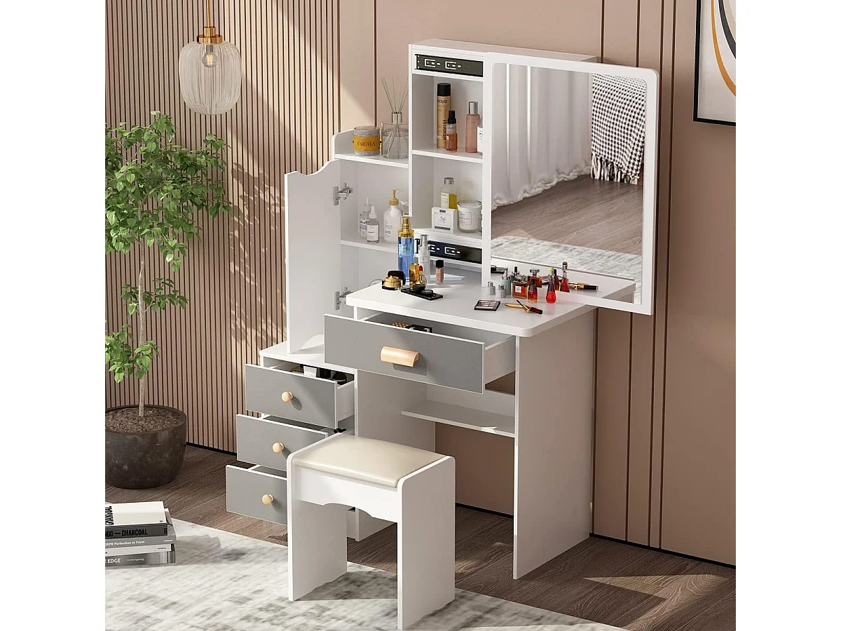 Coiffeuse avec miroir et 4 tiroirs Tabouret 90x40x135cm Blanc&gris