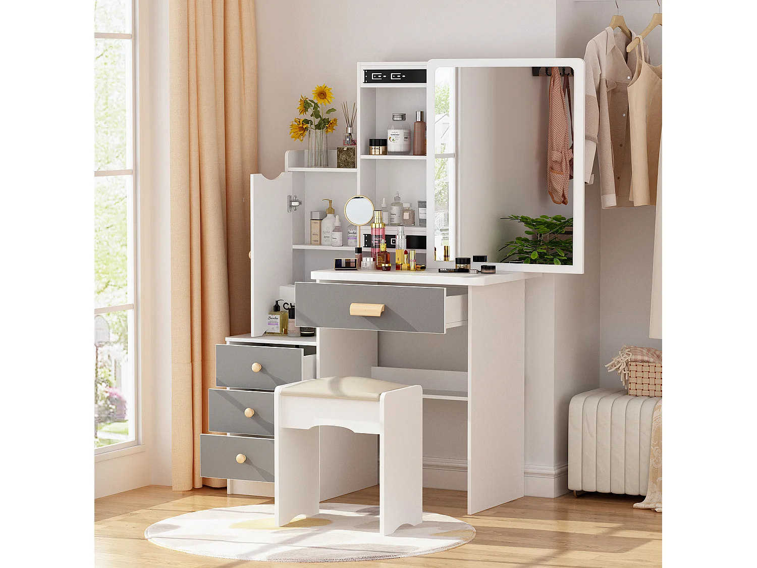 Coiffeuse avec miroir et 4 tiroirs Tabouret 90x40x135cm Blanc&gris