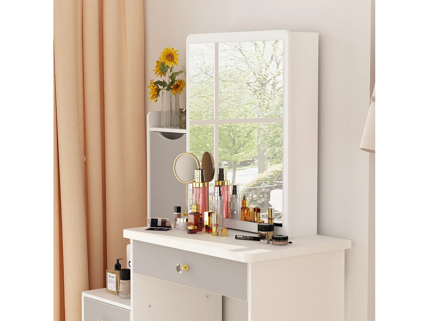 Coiffeuse avec miroir et 4 tiroirs Tabouret 90x40x135cm Blanc&gris