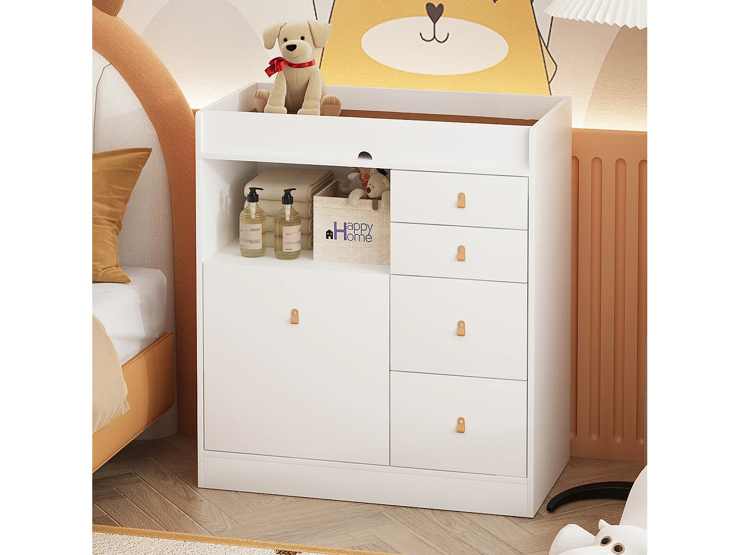 Commode à Langer chambre bébé avec 5 tiroirs et compartiment 120x50x91.5cm Blanche