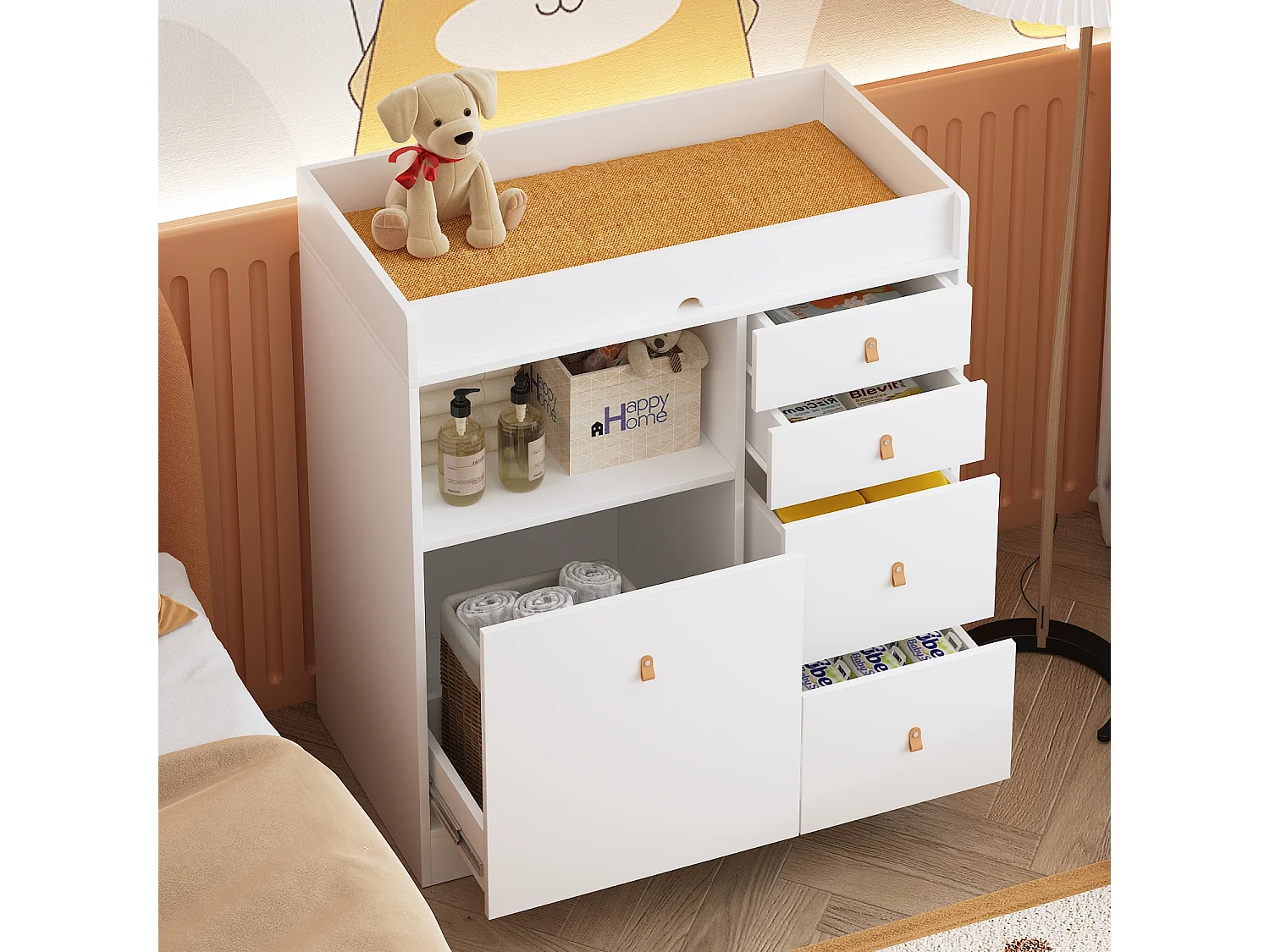 Commode à Langer chambre bébé avec 5 tiroirs et compartiment 120x50x91.5cm Blanche