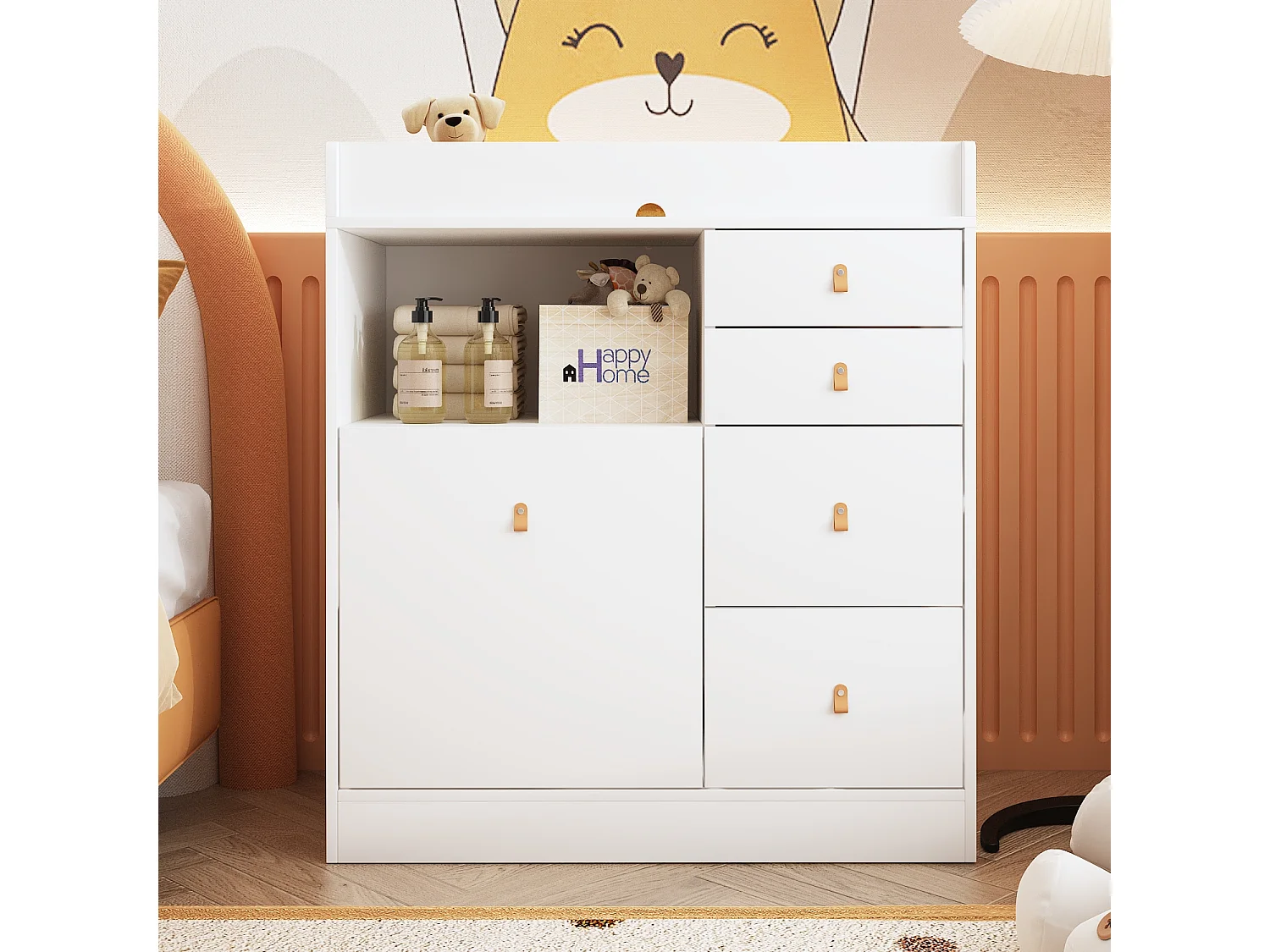 Commode à Langer chambre bébé avec 5 tiroirs et compartiment 120x50x91.5cm Blanche