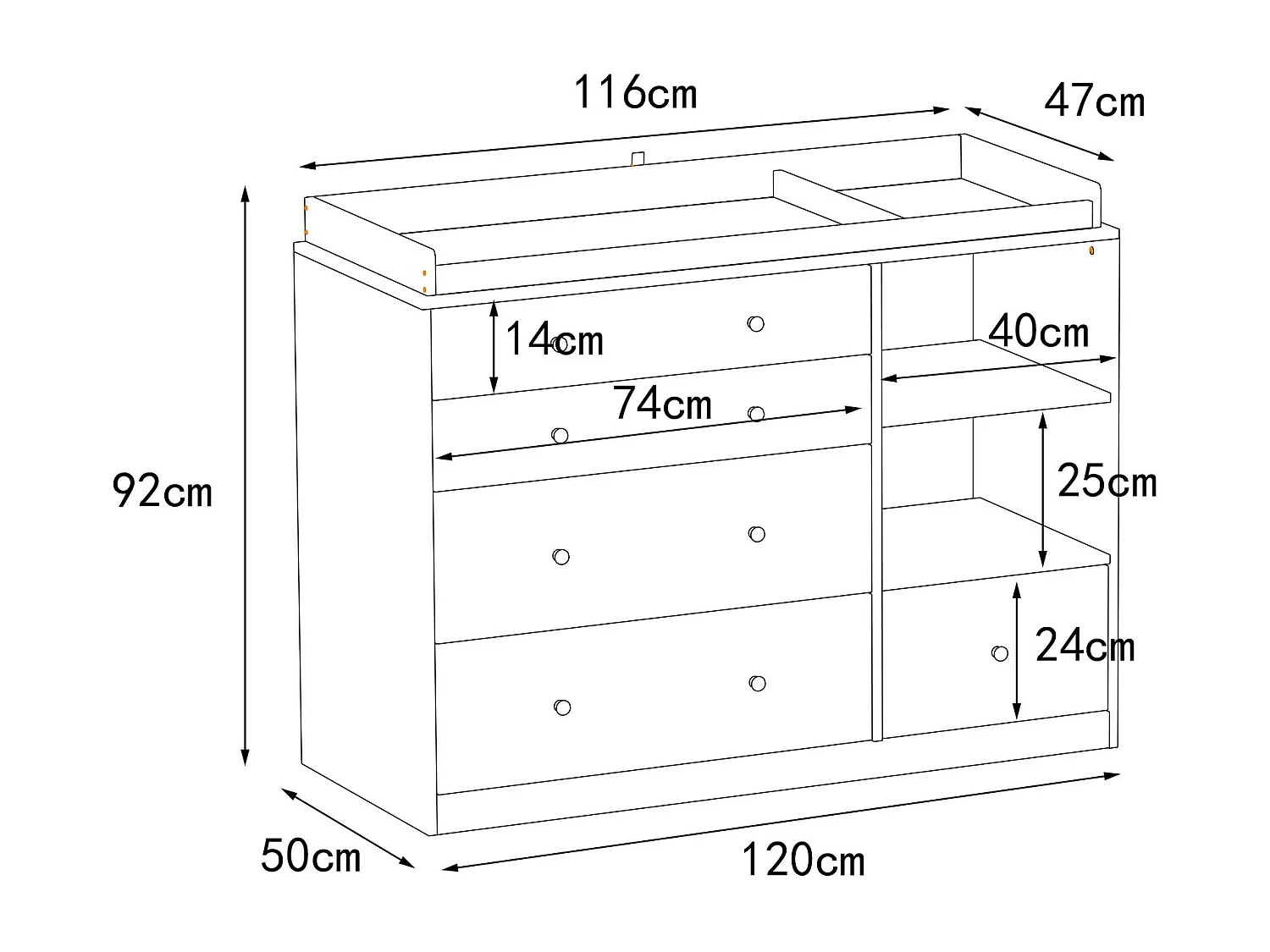Commode à Langer chambre bébé avec 5 tiroirs et compartiment 120x50x91.5cm Blanche