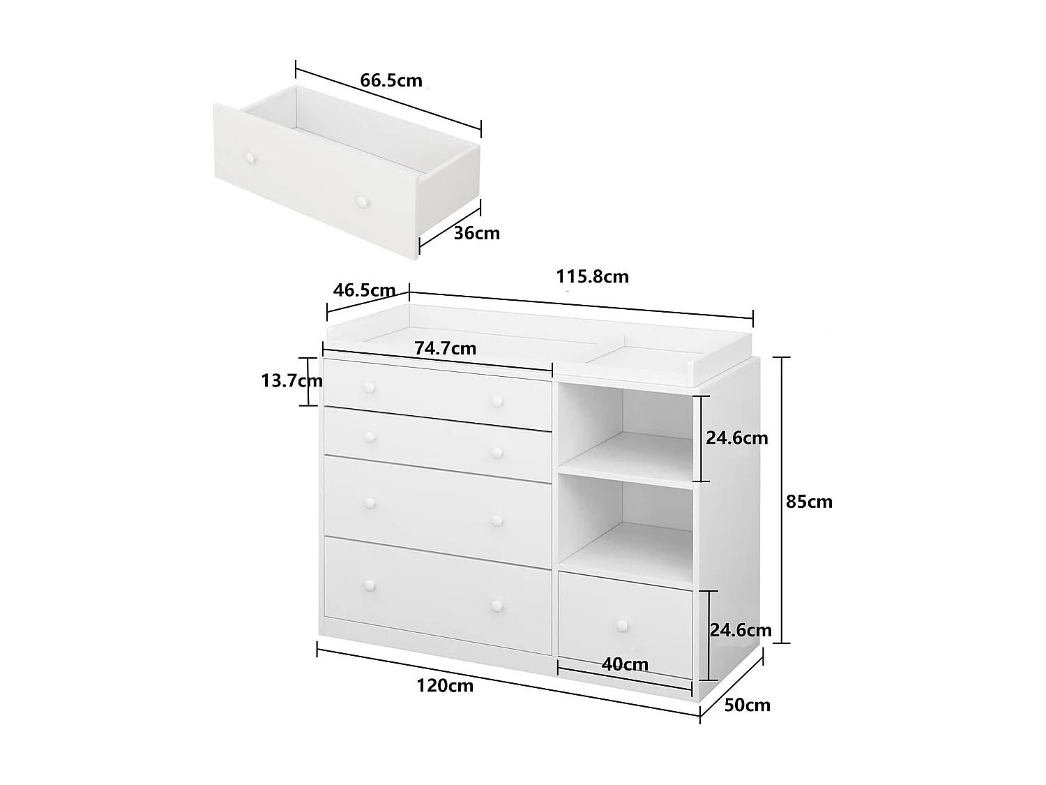 Commode à Langer chambre bébé avec 5 tiroirs et compartiment 120x50x91.5cm Blanche