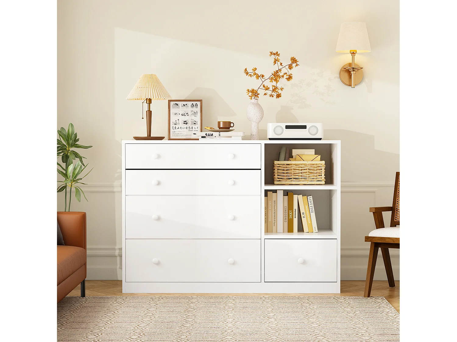 Commode à Langer chambre bébé avec 5 tiroirs et compartiment 120x50x91.5cm Blanche