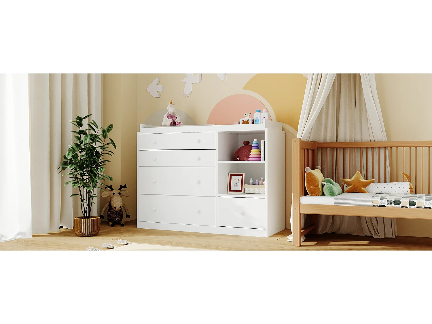 Commode à Langer chambre bébé avec 5 tiroirs et compartiment 120x50x91.5cm Blanche
