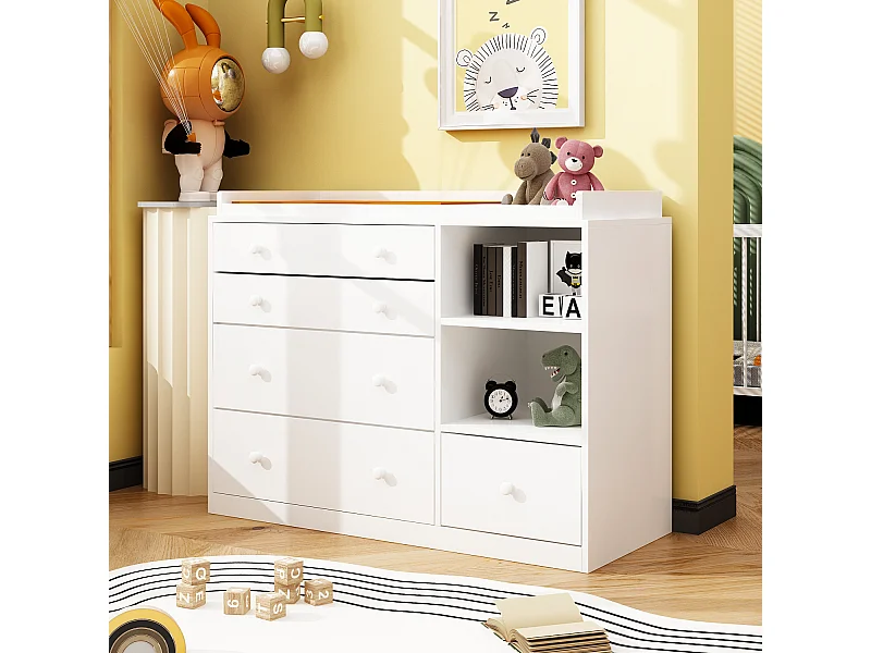 Commode à Langer chambre bébé avec 5 tiroirs et compartiment 120x50x91.5cm Blanche