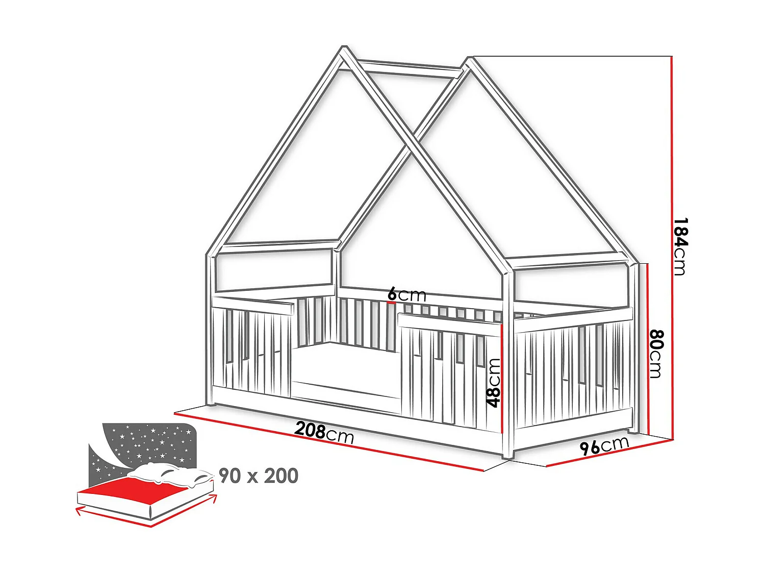 Lit Vista 114, Unique, Blanc, 90x200, Bois, Sommier à lattes, 96x208x184cm