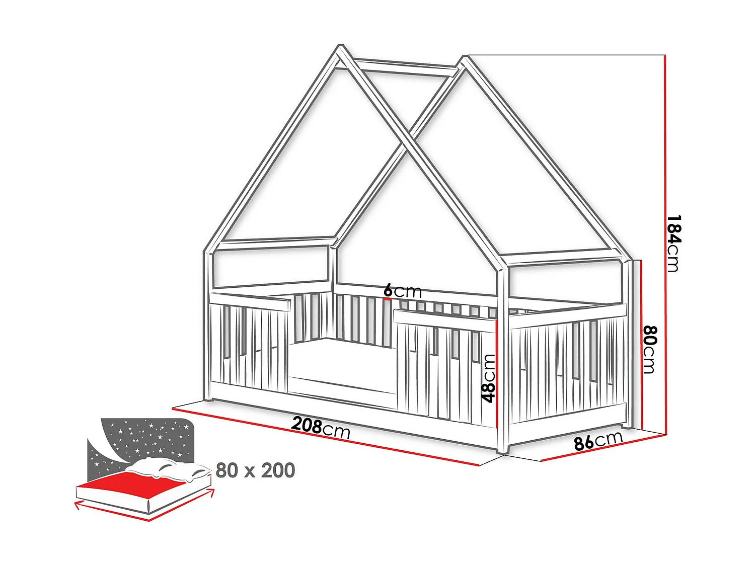Lit Vista 114, Unique, Brun clair, 80x200, Bois, Sommier à lattes, 86x208x184cm