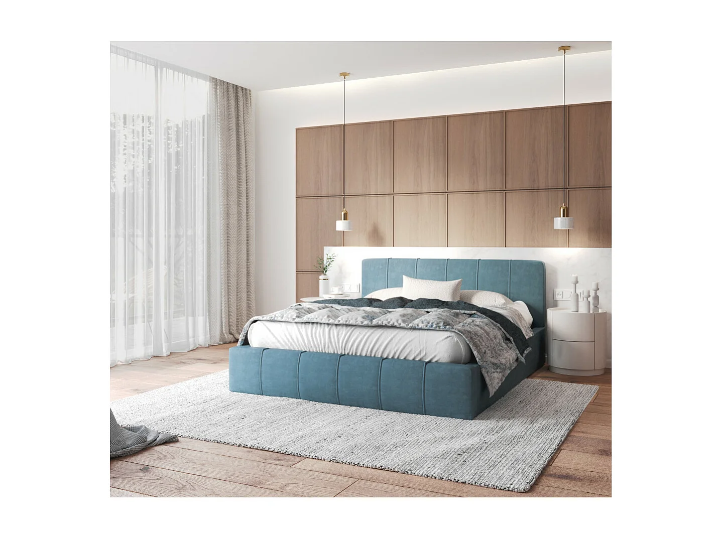 Lit coffre ATLANTA 160 x 200 cm avec sommier à lattes relevable Azur