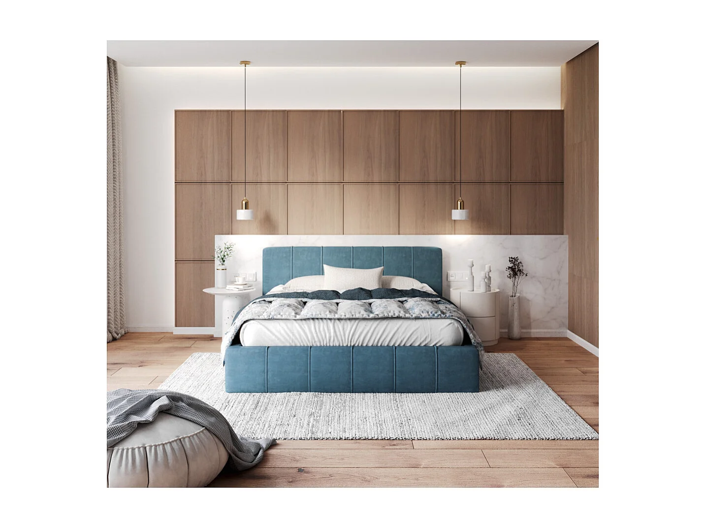 Lit coffre ATLANTA 160 x 200 cm avec sommier à lattes relevable Azur