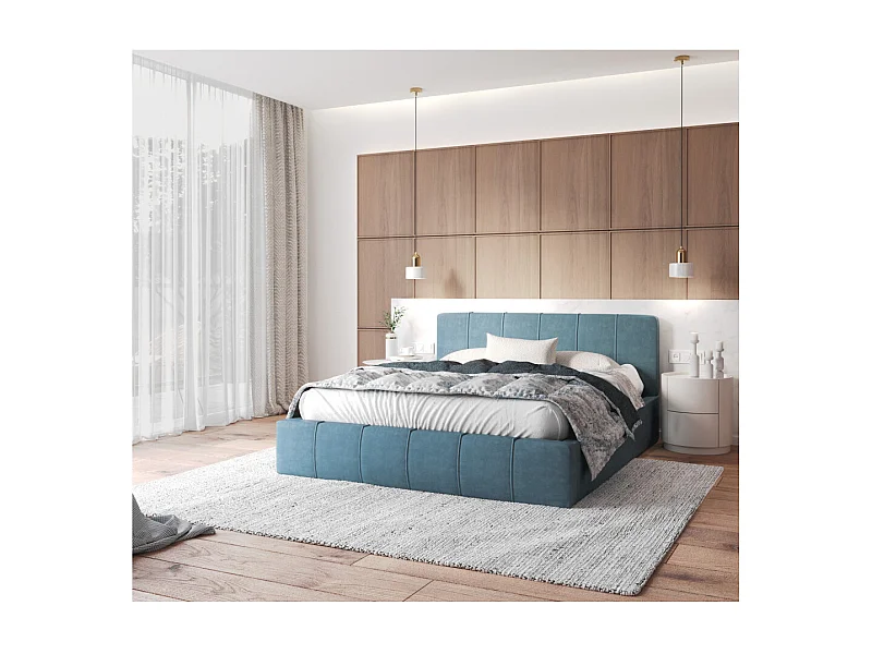 Lit coffre ATLANTA 160 x 200 cm avec sommier à lattes relevable Azur