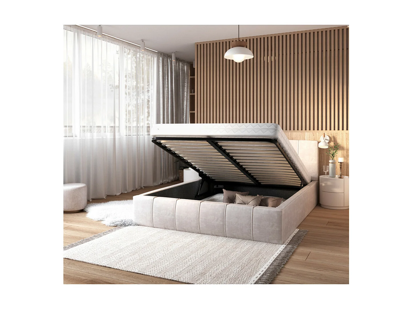 Lit coffre ATLANTA 120 x 200 cm avec sommier à lattes relevable Beige