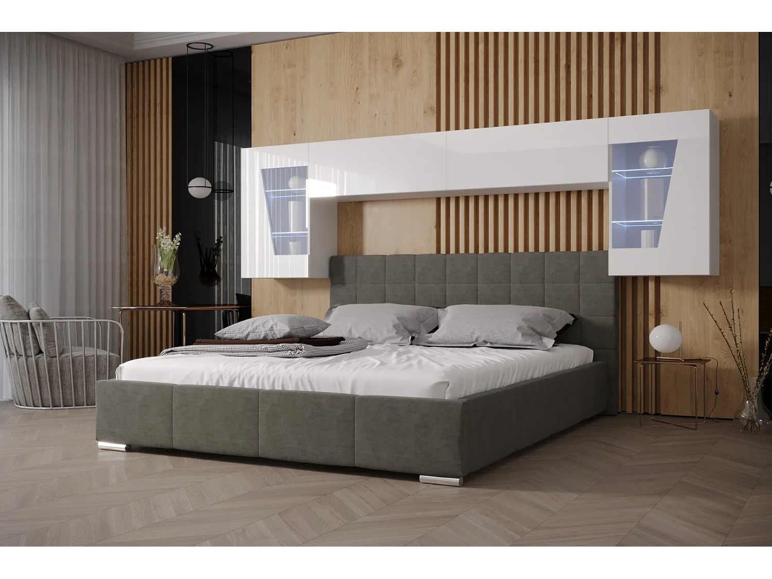 Tête de lit avec rangement Armoire - pont de lit PANAMA 9HG/W/2-1C blanc/blanc brillant 306x91x35cm