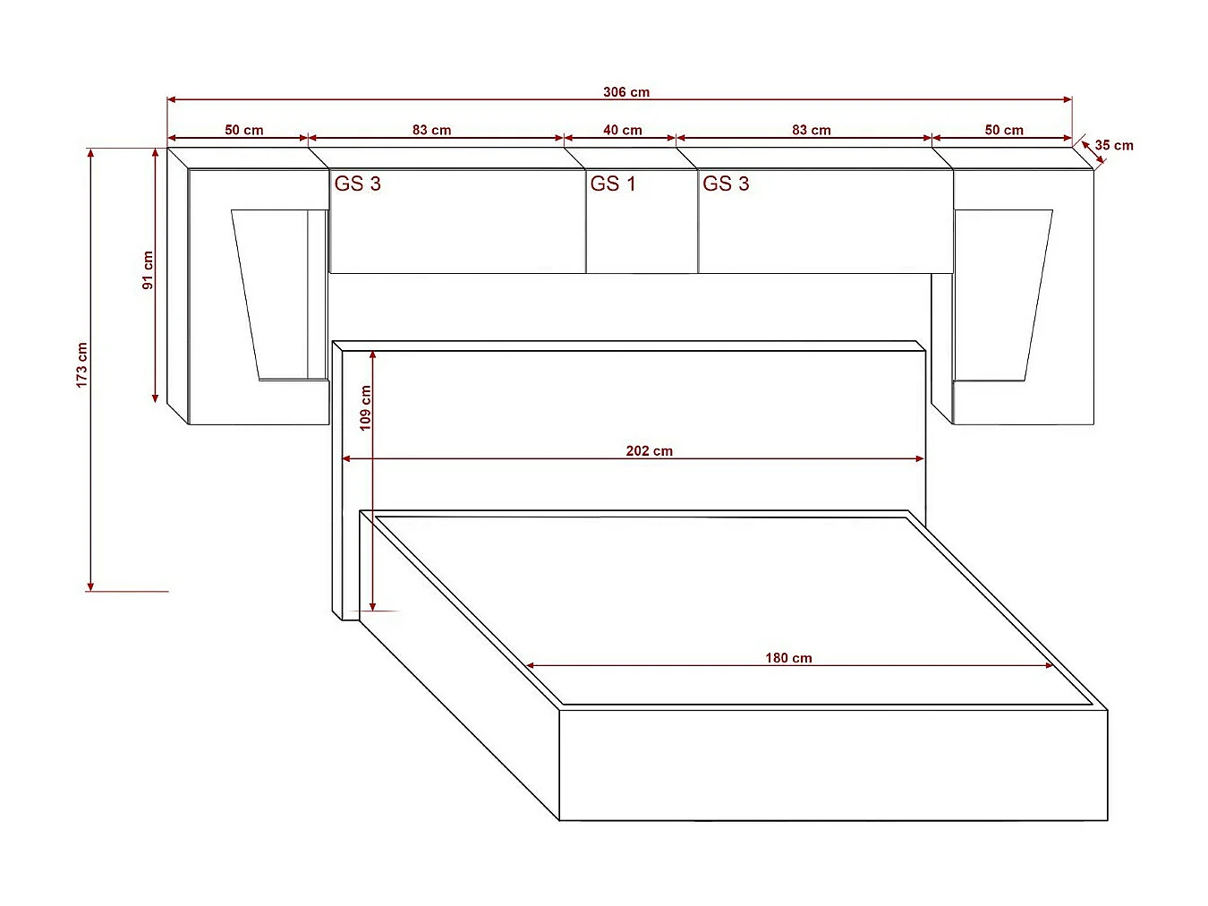 Tête de lit avec rangement Armoire - pont de lit PANAMA 9HG/W/2-1C blanc/blanc brillant 306x91x35cm