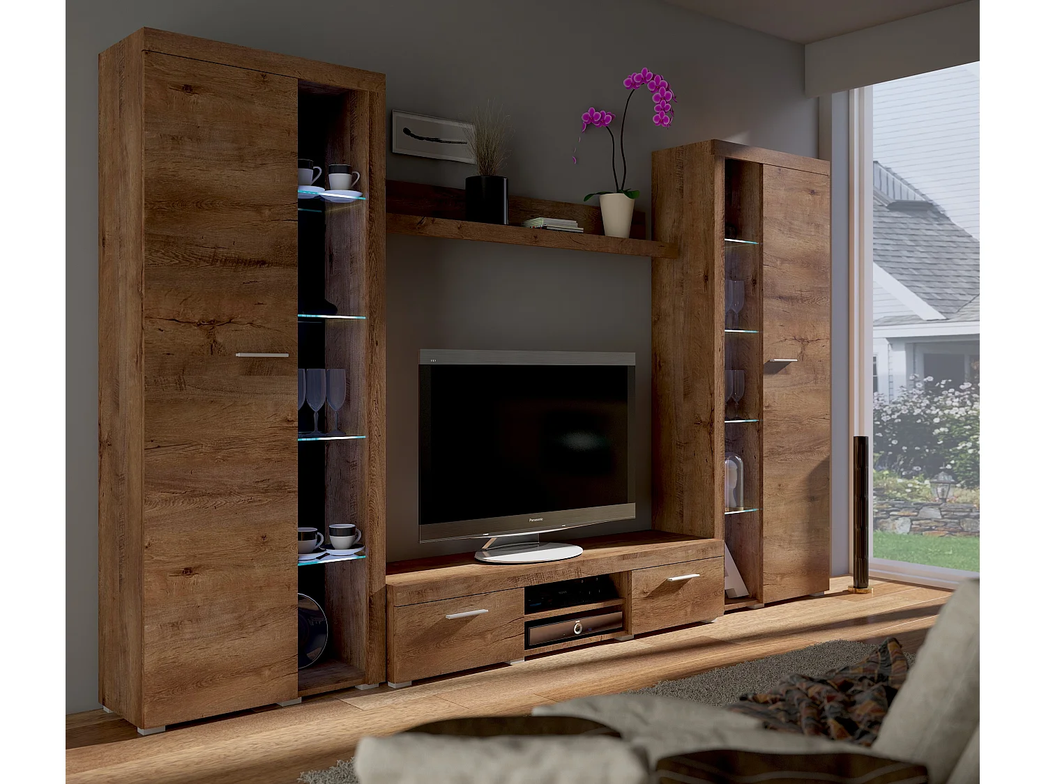 Ensemble meuble TV RUMBA XL 300 cm - Couleur: Chêne - Sans Buffet