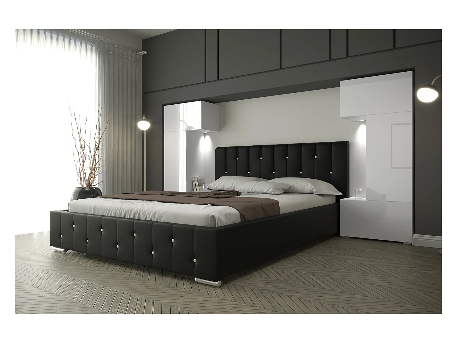 Tête de lit avec rangement Armoire - pont de lit PANAMA 3/21W/HG2 blanc/blanc brillant 282-322x159x35cm