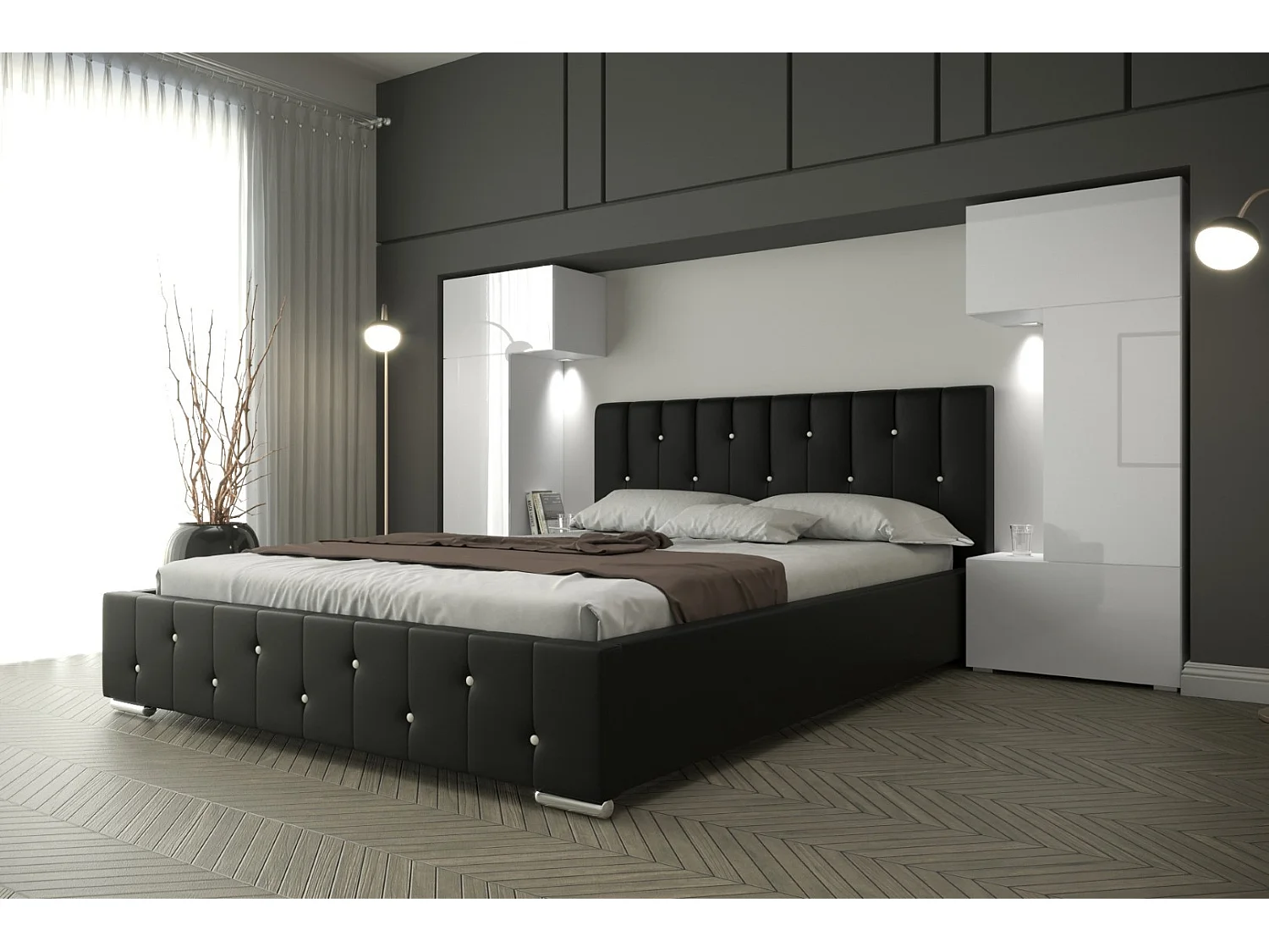 Tête de lit avec rangement Armoire - pont de lit PANAMA 3/21W/HG2 blanc/blanc brillant 282-322x159x35cm