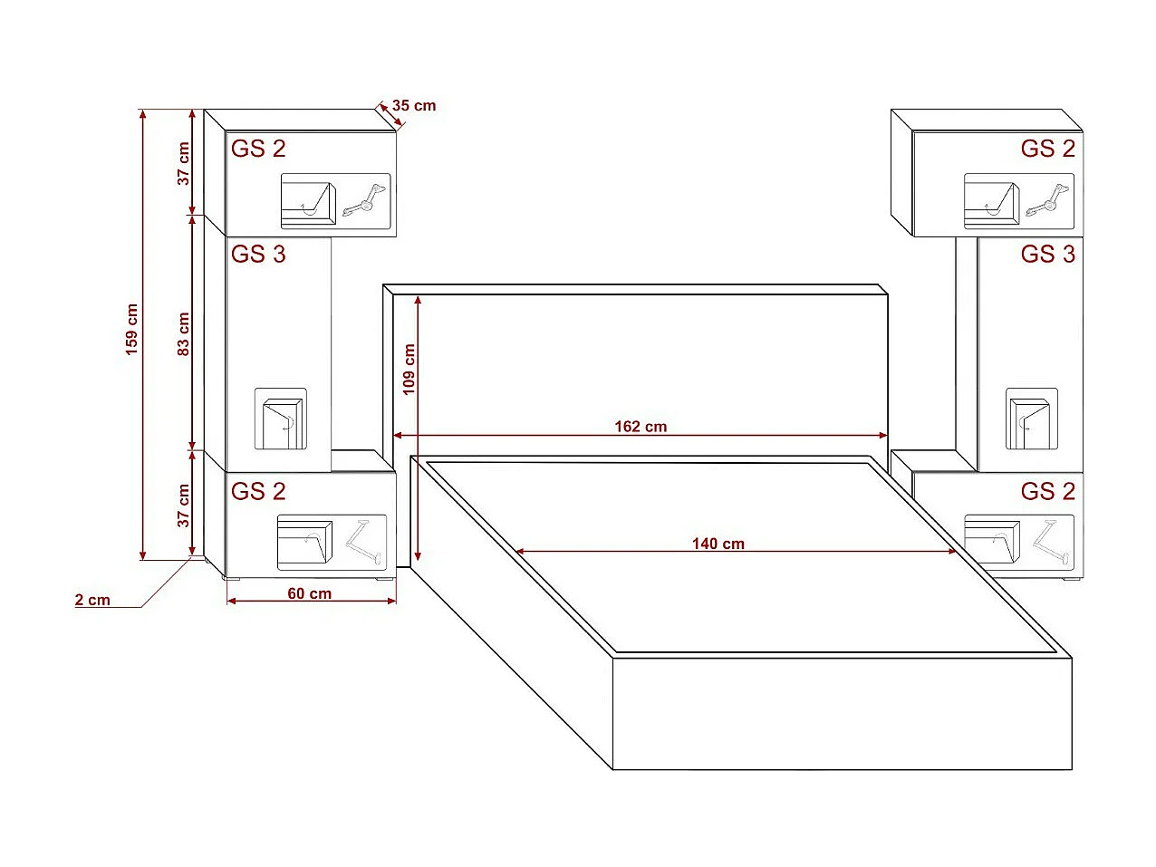 Tête de lit avec rangement Armoire - pont de lit PANAMA 3/21W/HG2 blanc/blanc brillant 282-322x159x35cm