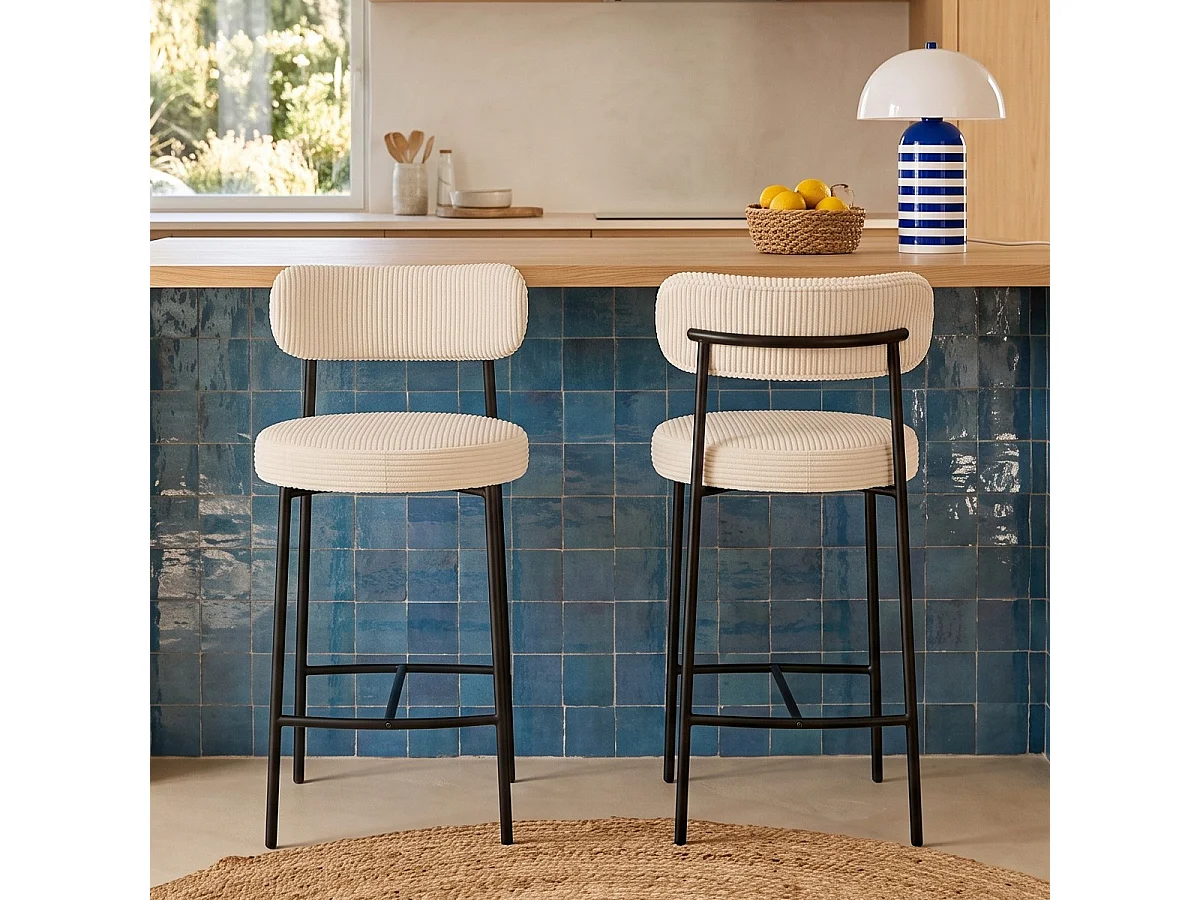Lot de 2 tabourets de bar en velours côtelé beige - Evora