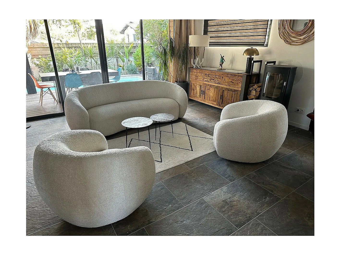 MOON - Fauteuil rotatif en tissu bouclette crème