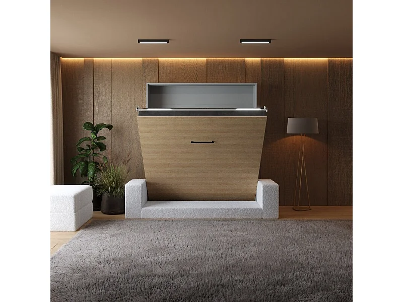 Lit escamotable 160x200cm Vertical Canapé Blanc Lit Mural SUP M1 Gris/Chêne