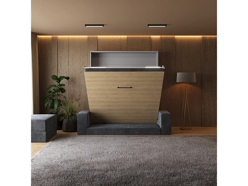 Lit escamotable 160x200cm Vertical Canapé Anthracite Lit Mural SUP M1 Gris perle/Chêne