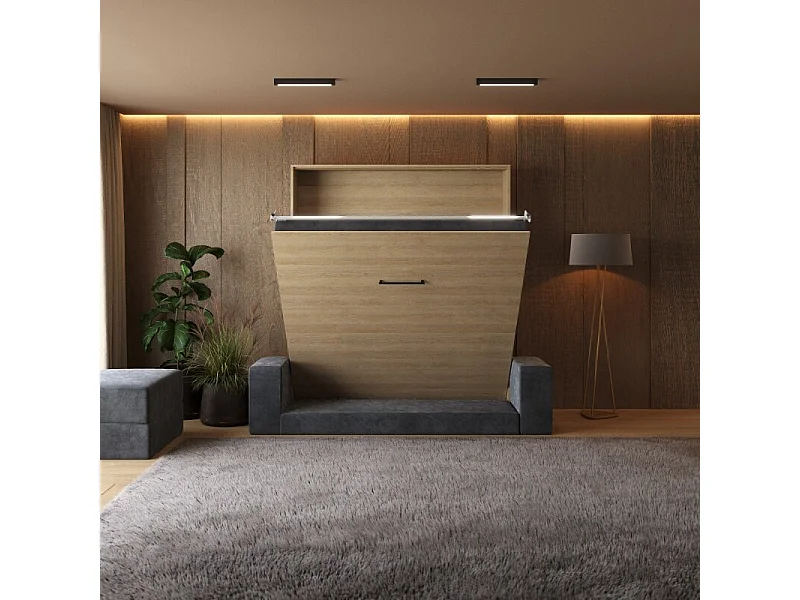 Lit escamotable 160x200cm Vertical Canapé Anthracite Lit Mural SUP M1 Chêne Kaiserberg