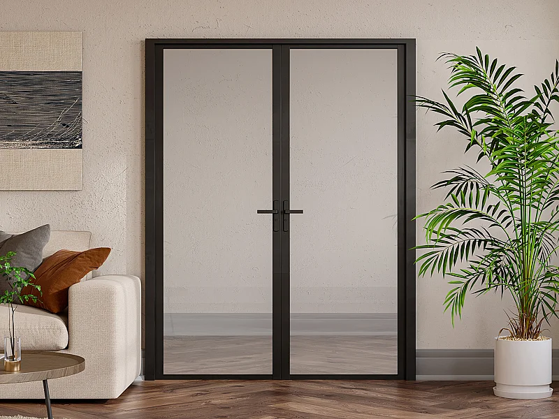 Omkeerbare dubbele deur van aluminium en gehard glas - 2 x H204 x B93 cm - Zwart - LOXTON