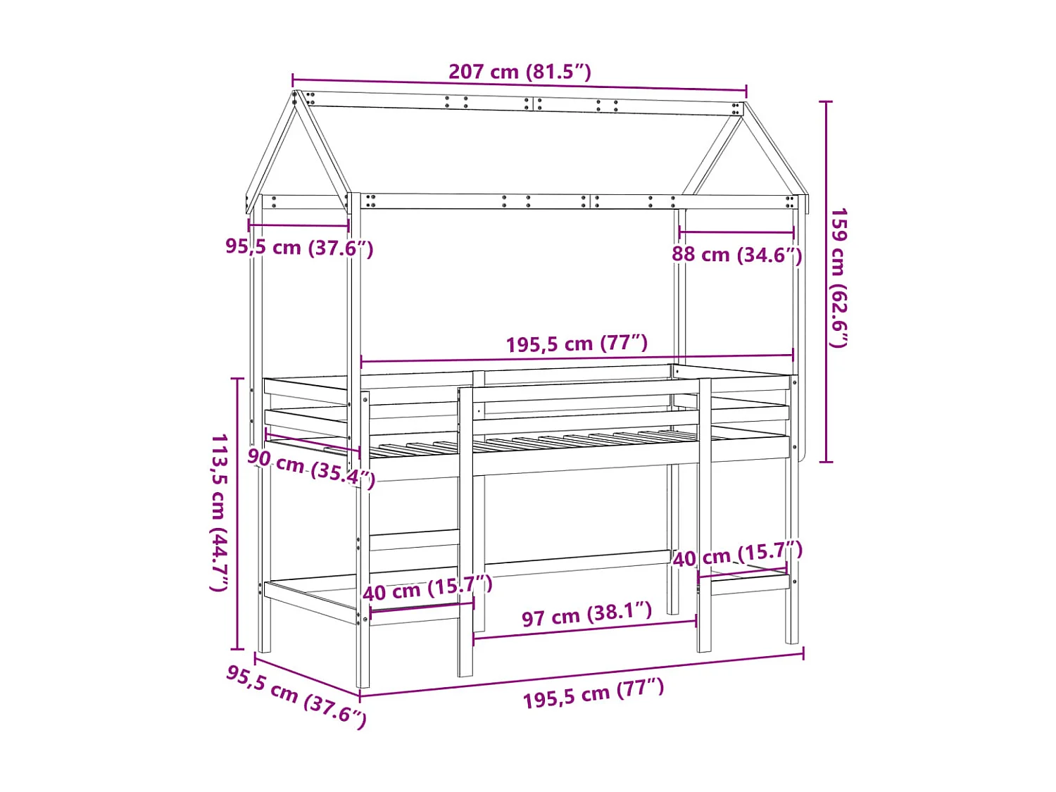 Cama alta c/ escada e telhado 90x190 cm pinho maciço branco