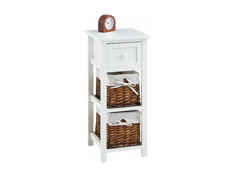 Table de chevet TALASI avec tiroir et deux paniers en bois de paulownia 28x67x31 cm (LxHxP) - meuble de rangement chambre, blanc