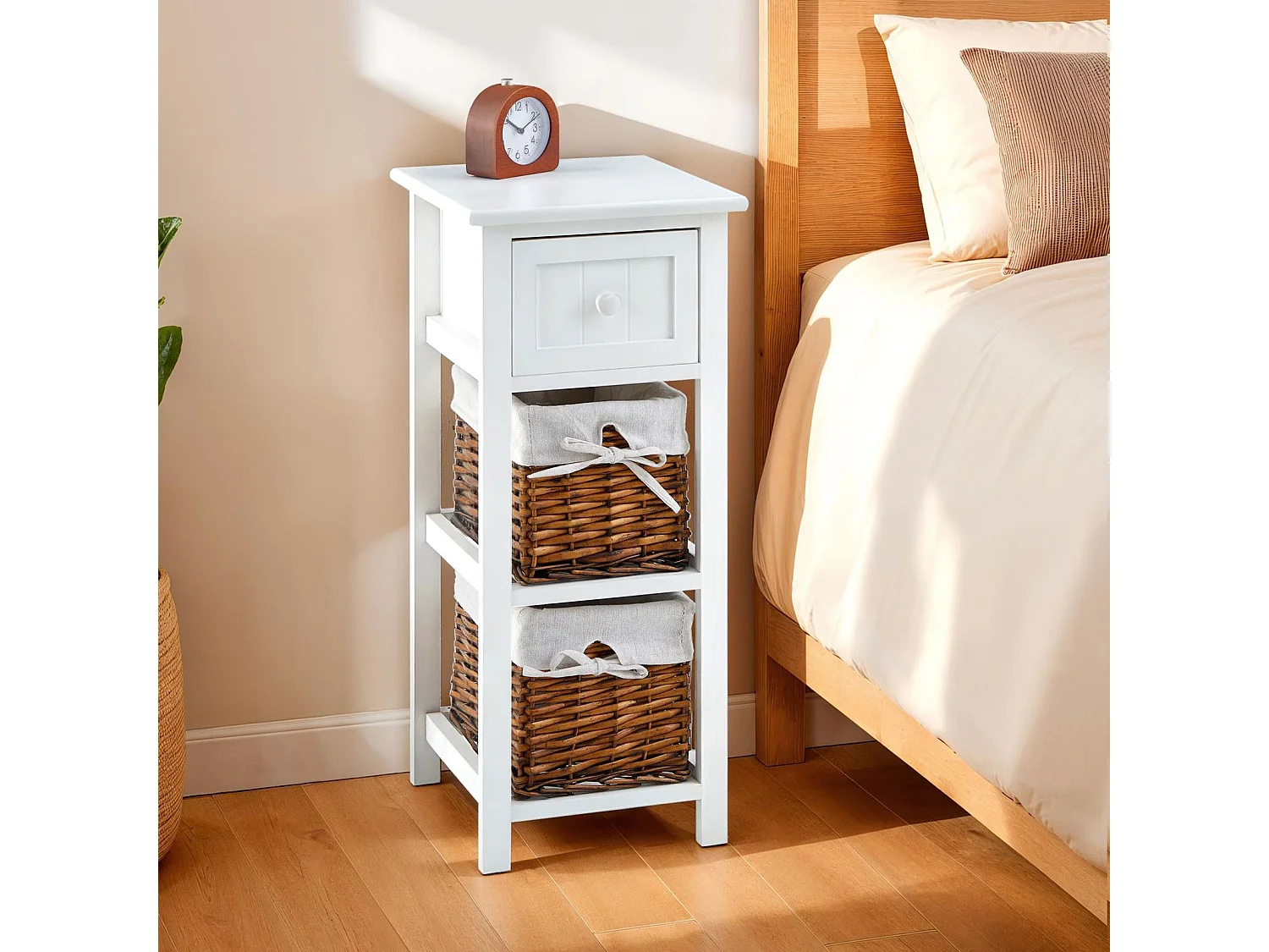 Table de chevet TALASI avec tiroir et deux paniers en bois de paulownia 28x67x31 cm (LxHxP) - meuble de rangement chambre, blanc