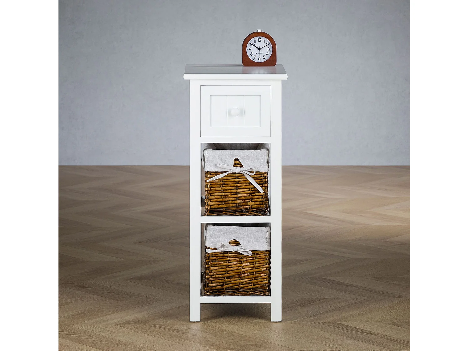 Table de chevet TALASI avec tiroir et deux paniers en bois de paulownia 28x67x31 cm (LxHxP) - meuble de rangement chambre, blanc
