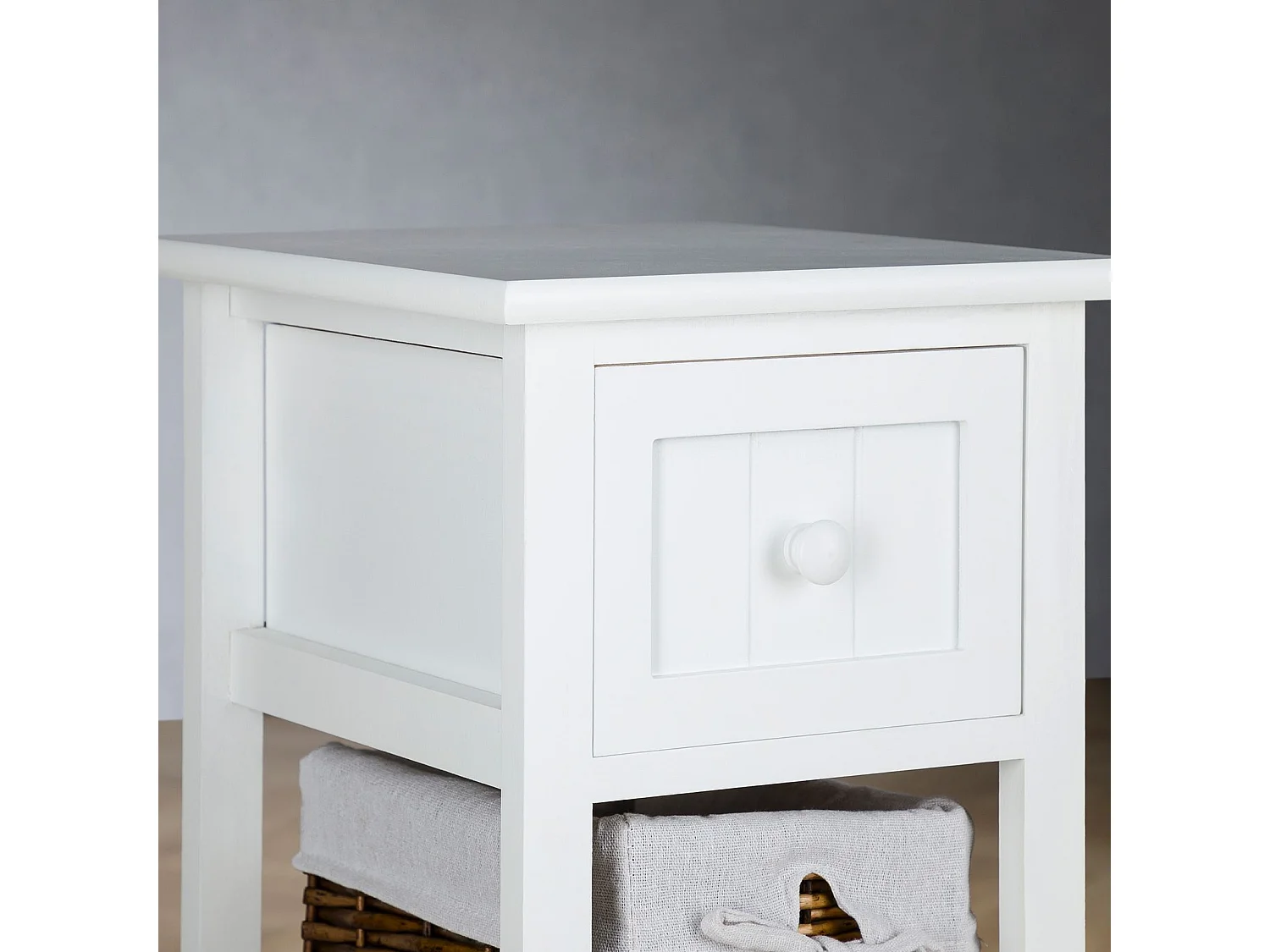 Table de chevet TALASI avec tiroir et deux paniers en bois de paulownia 28x67x31 cm (LxHxP) - meuble de rangement chambre, blanc