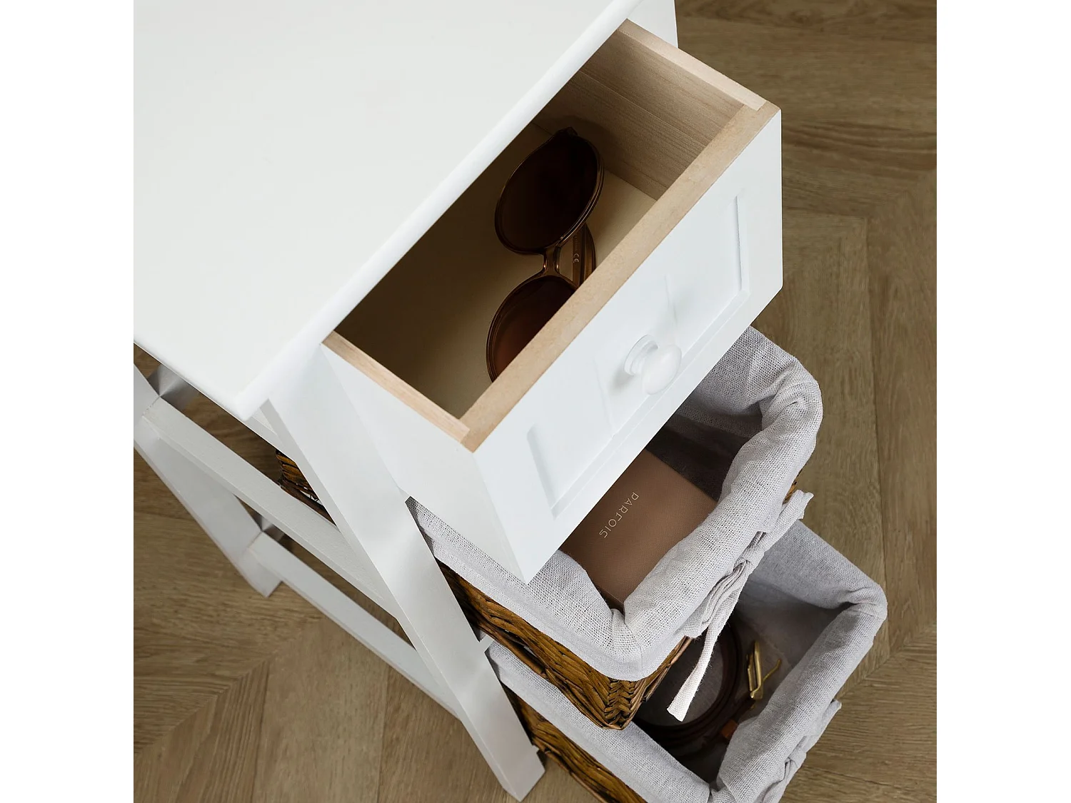 Table de chevet TALASI avec tiroir et deux paniers en bois de paulownia 28x67x31 cm (LxHxP) - meuble de rangement chambre, blanc