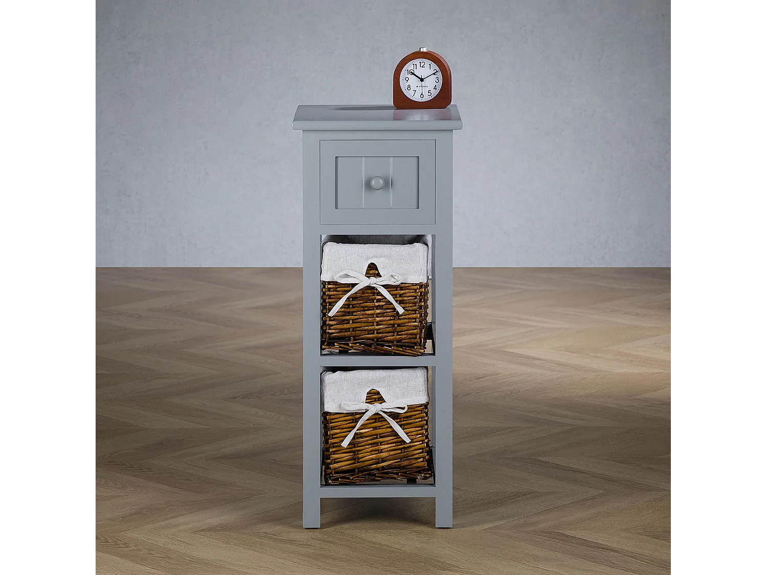 Table de chevet TALASI avec tiroir et deux paniers en bois de paulownia 28x67x31 cm (LxHxP) - meuble de rangement chambre, gris