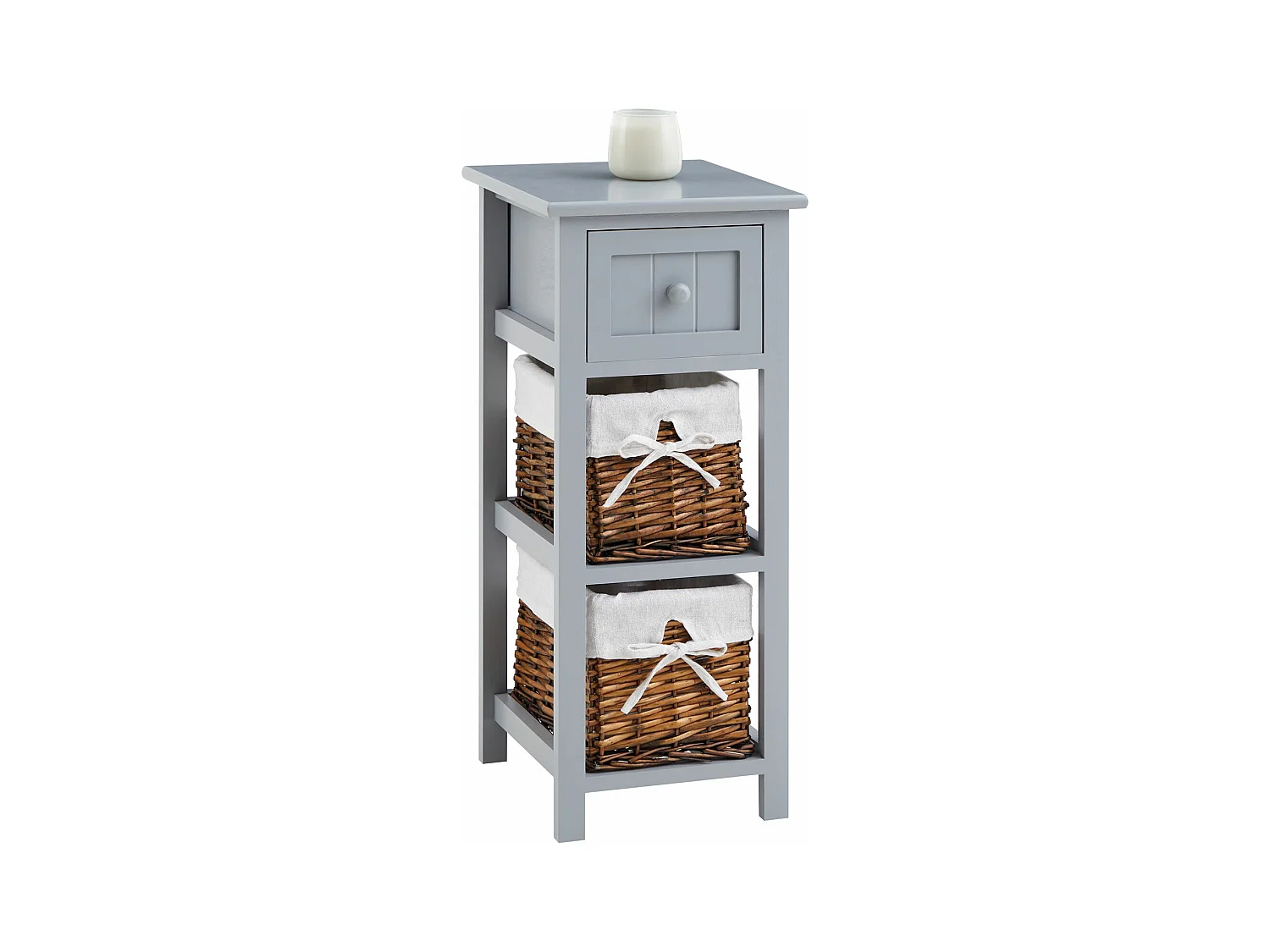 Table de chevet TALASI avec tiroir et deux paniers en bois de paulownia 28x67x31 cm (LxHxP) - meuble de rangement chambre, gris