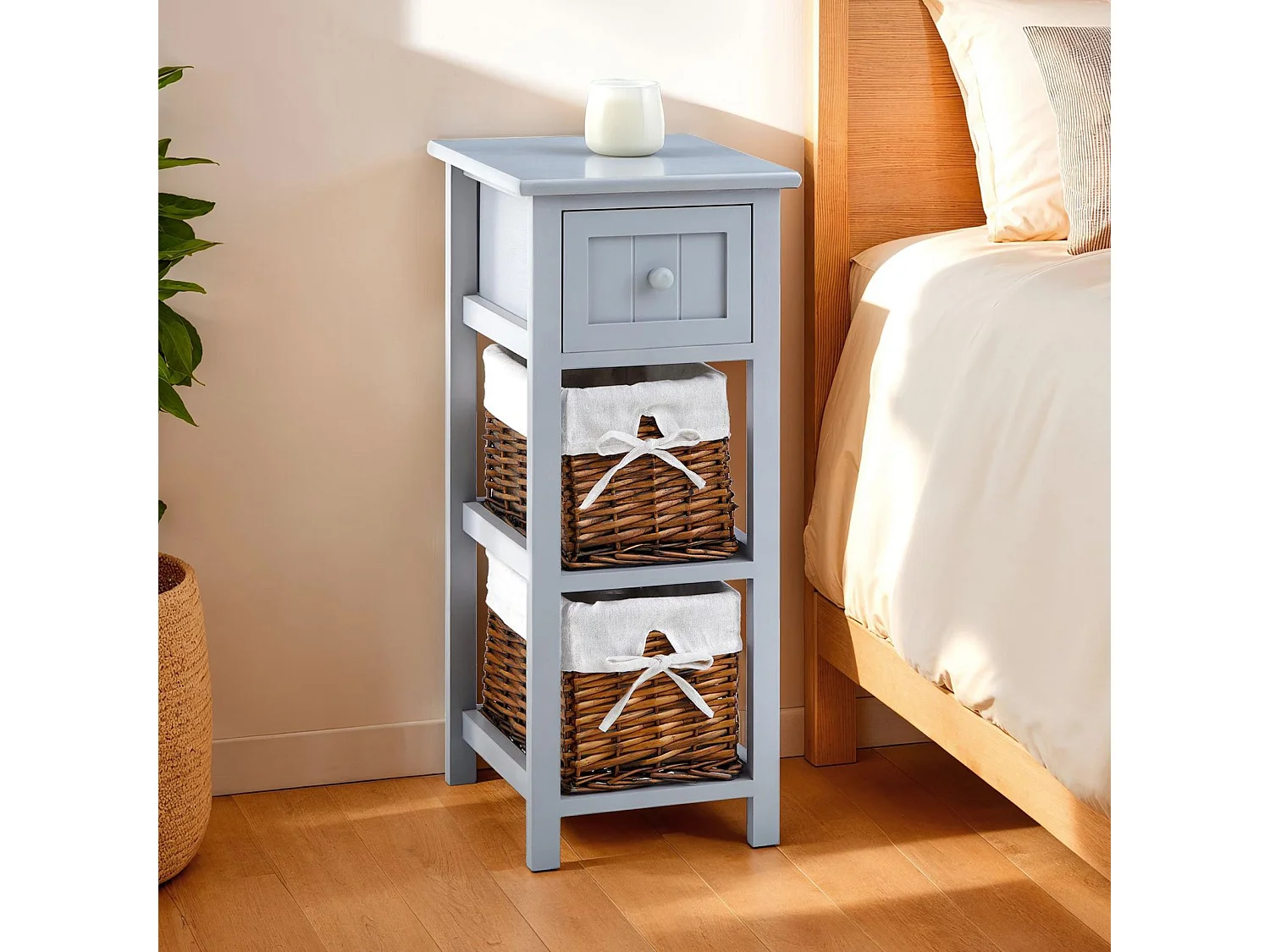 Table de chevet TALASI avec tiroir et deux paniers en bois de paulownia 28x67x31 cm (LxHxP) - meuble de rangement chambre, gris