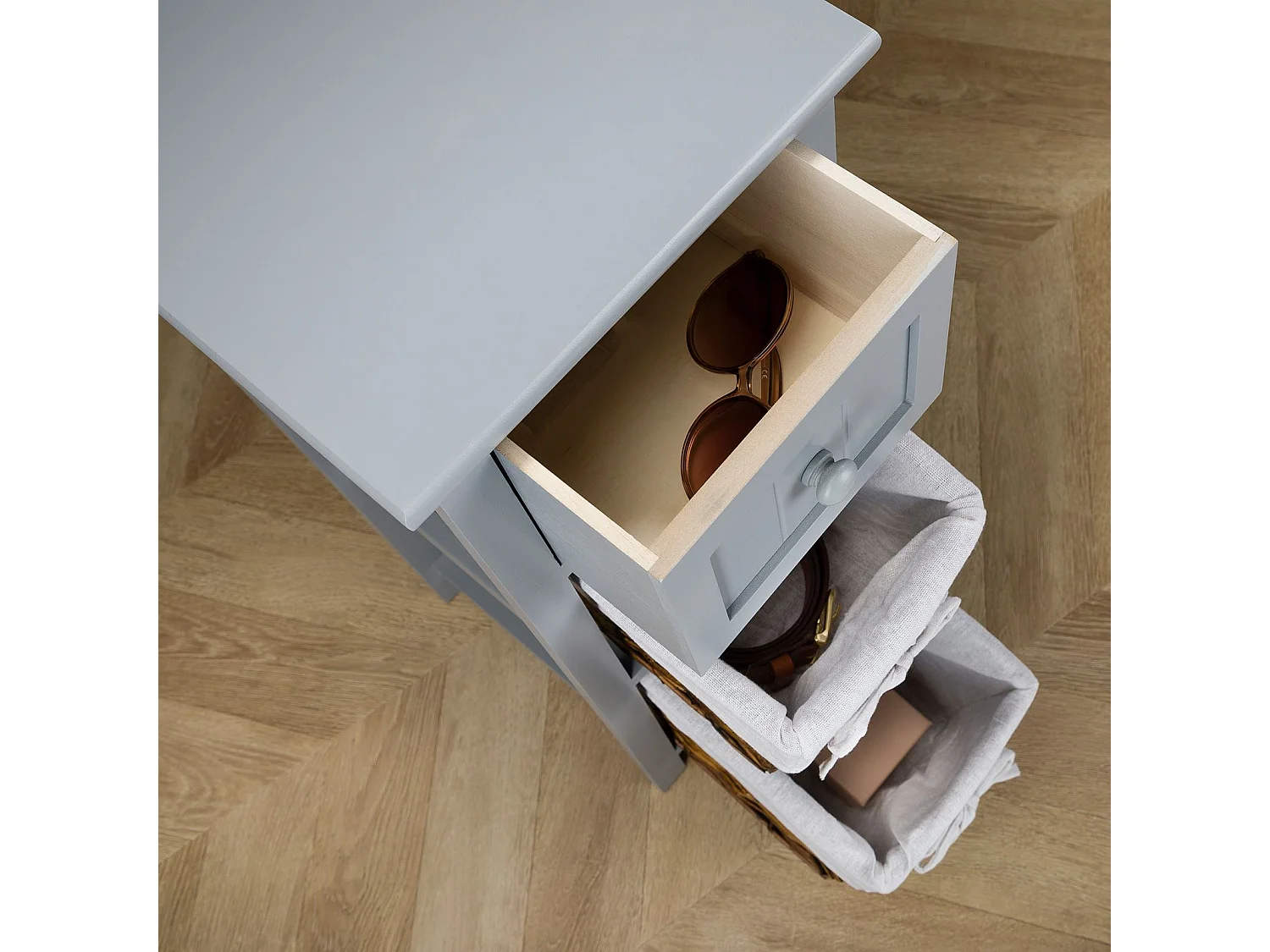 Table de chevet TALASI avec tiroir et deux paniers en bois de paulownia 28x67x31 cm (LxHxP) - meuble de rangement chambre, gris