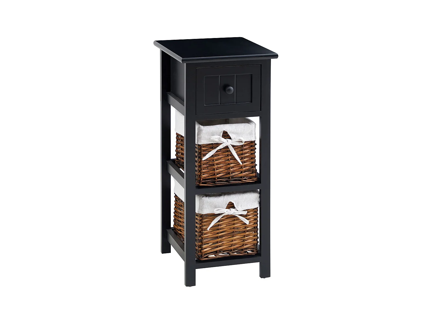 Table de chevet TALASI avec tiroir et deux paniers en bois de paulownia 28x67x31 cm (LxHxP) - meuble de rangement chambre, noir