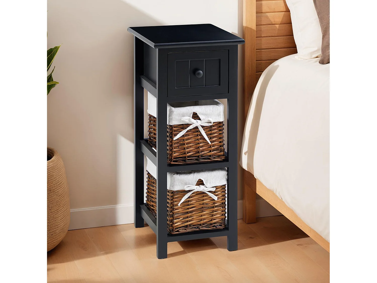 Table de chevet TALASI avec tiroir et deux paniers en bois de paulownia 28x67x31 cm (LxHxP) - meuble de rangement chambre, noir