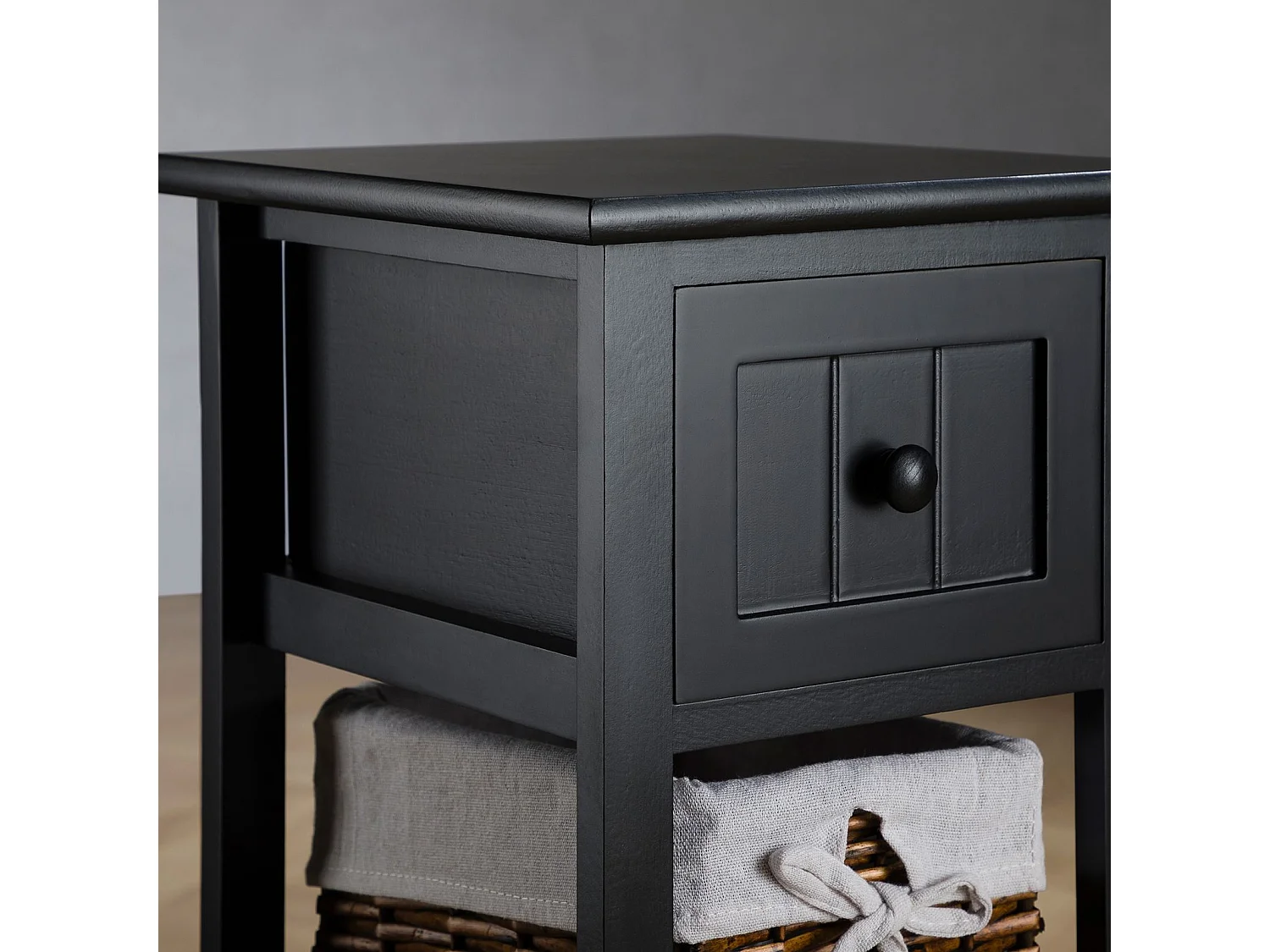 Table de chevet TALASI avec tiroir et deux paniers en bois de paulownia 28x67x31 cm (LxHxP) - meuble de rangement chambre, noir