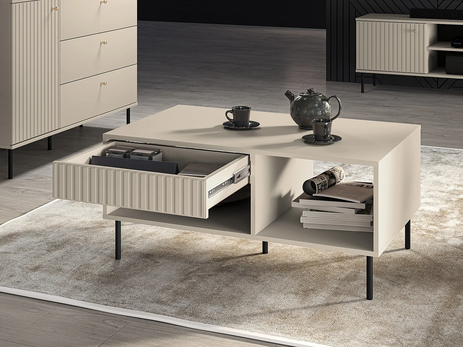 Table basse avec tiroir - 100 cm - beige - CALETTO