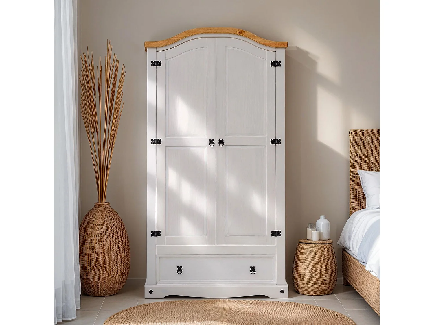 Armoire CAMPO 2 portes 1 tiroir pin massif blanc/naturel 100 x 190 x 51 cm - armoire pour vêtements avec tringle, style cottage