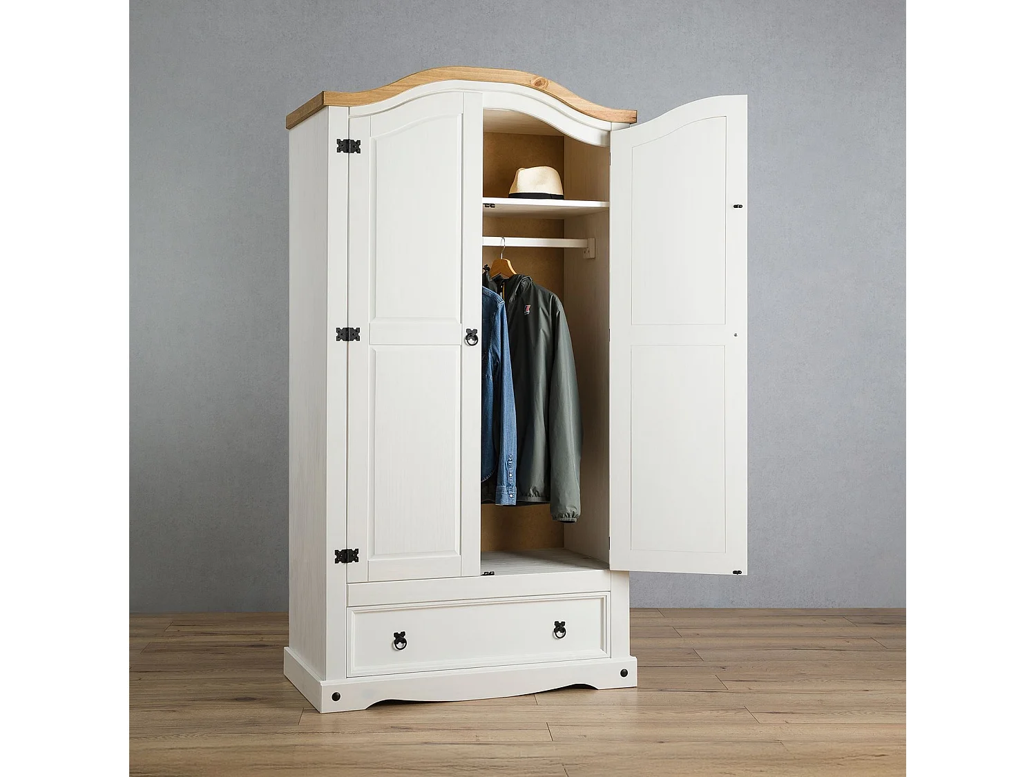Armoire CAMPO 2 portes 1 tiroir pin massif blanc/naturel 100 x 190 x 51 cm - armoire pour vêtements avec tringle, style cottage