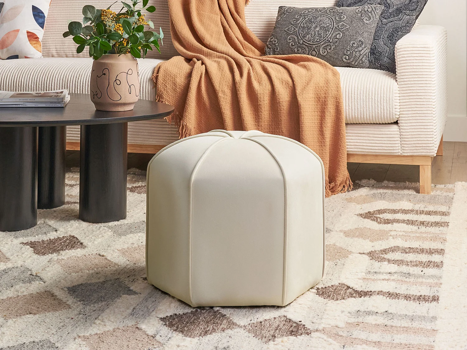 Pouf WISHEK Velours Beige clair 45 cm 45 cm 42 cm