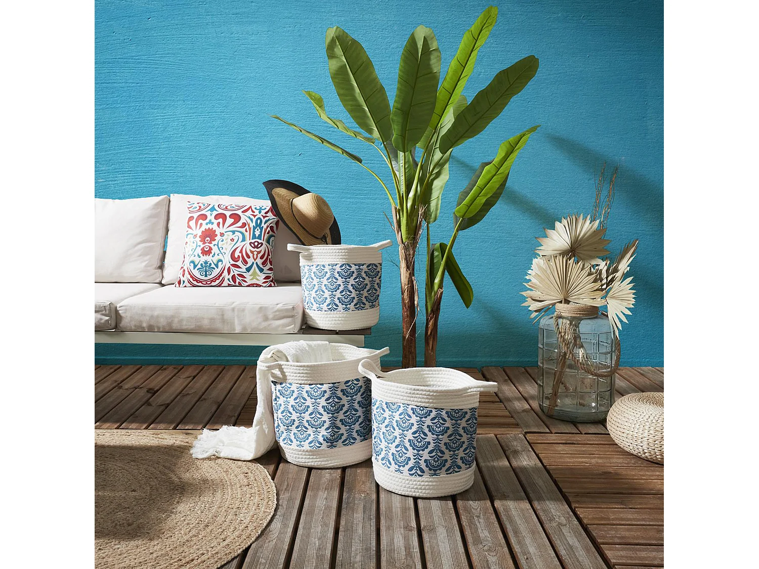 Lot de 3 paniers de rangement 30x31x30 cm collection JAIPURE bleu