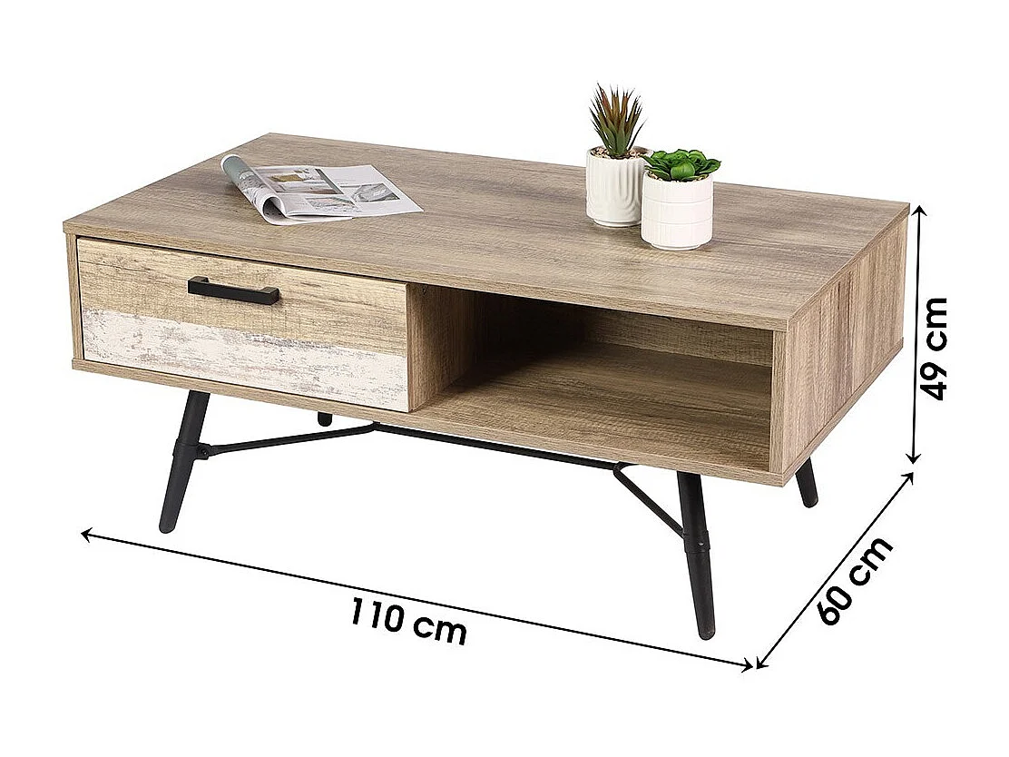 Table basse UMÉA coloris chêne clair et blanc – Design industriel - Rangement pratique