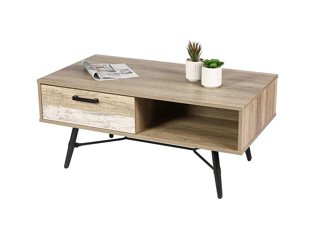 Lage tafel UMÉA in licht eiken en wit - Industrieel design - Handige opbergruimte