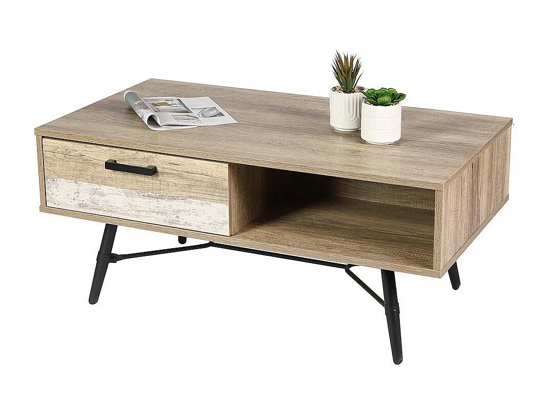 Lage tafel UMÉA in licht eiken en wit - Industrieel design - Handige opbergruimte